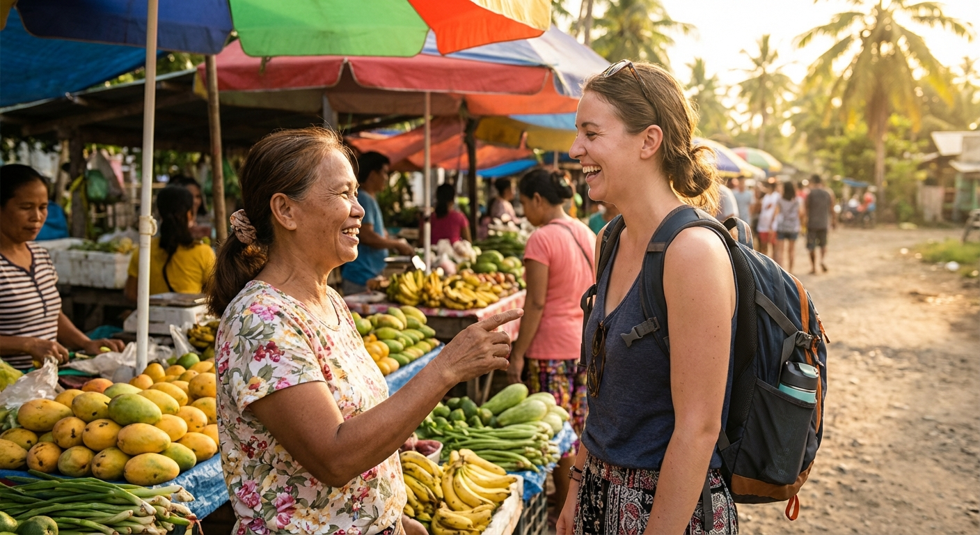 Local interaction at a Siquijor market with warm tropical sunlight