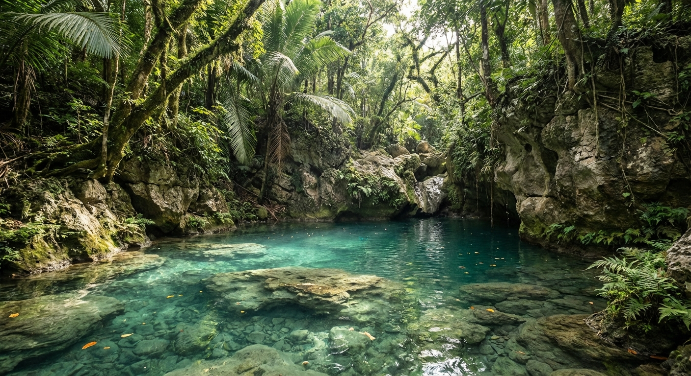 Crystal clear hidden swimming hole surrounded by tropical vegetation in Siquijor
