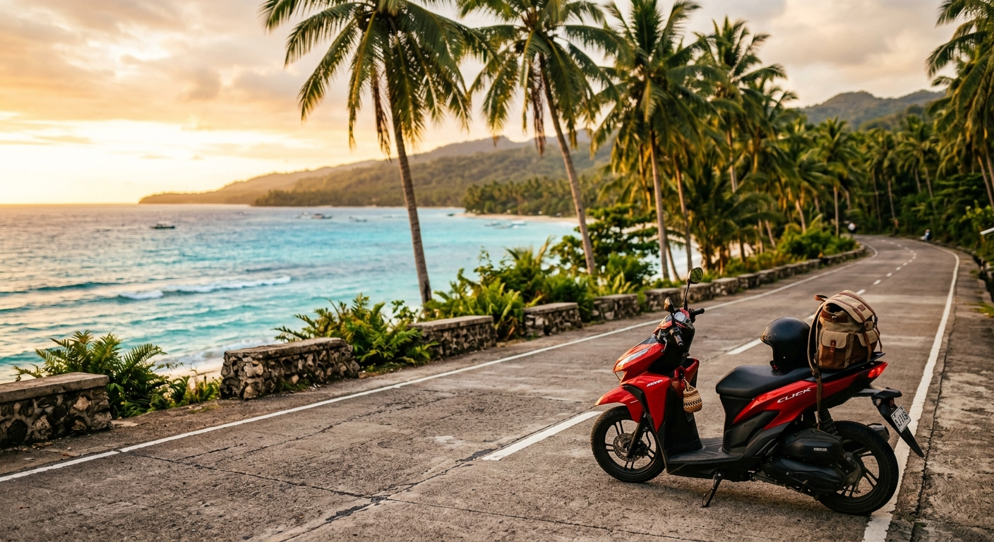 Scooter parked along a scenic coastal road in Siquijor Island with turquoise sea in the background