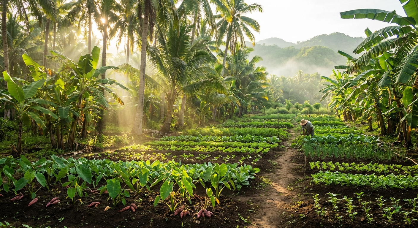 Lush tropical farm in Siquijor with coconut palms and vegetable gardens under morning sunlight