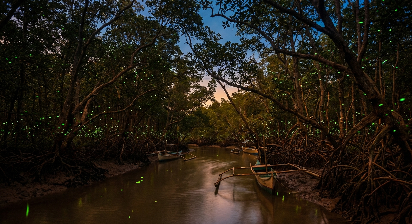 Fireflies glowing in a mangrove forest along a river in Siquijor at dusk