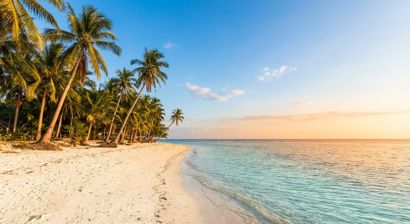 Tropical beach scene in Siquijor Island during March peak season with clear blue skies and calm turquoise waters