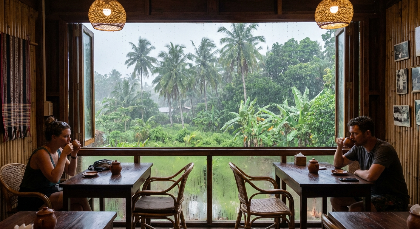 Rainy day view from a cozy cafe in Siquijor looking out at tropical rain and lush green vegetation