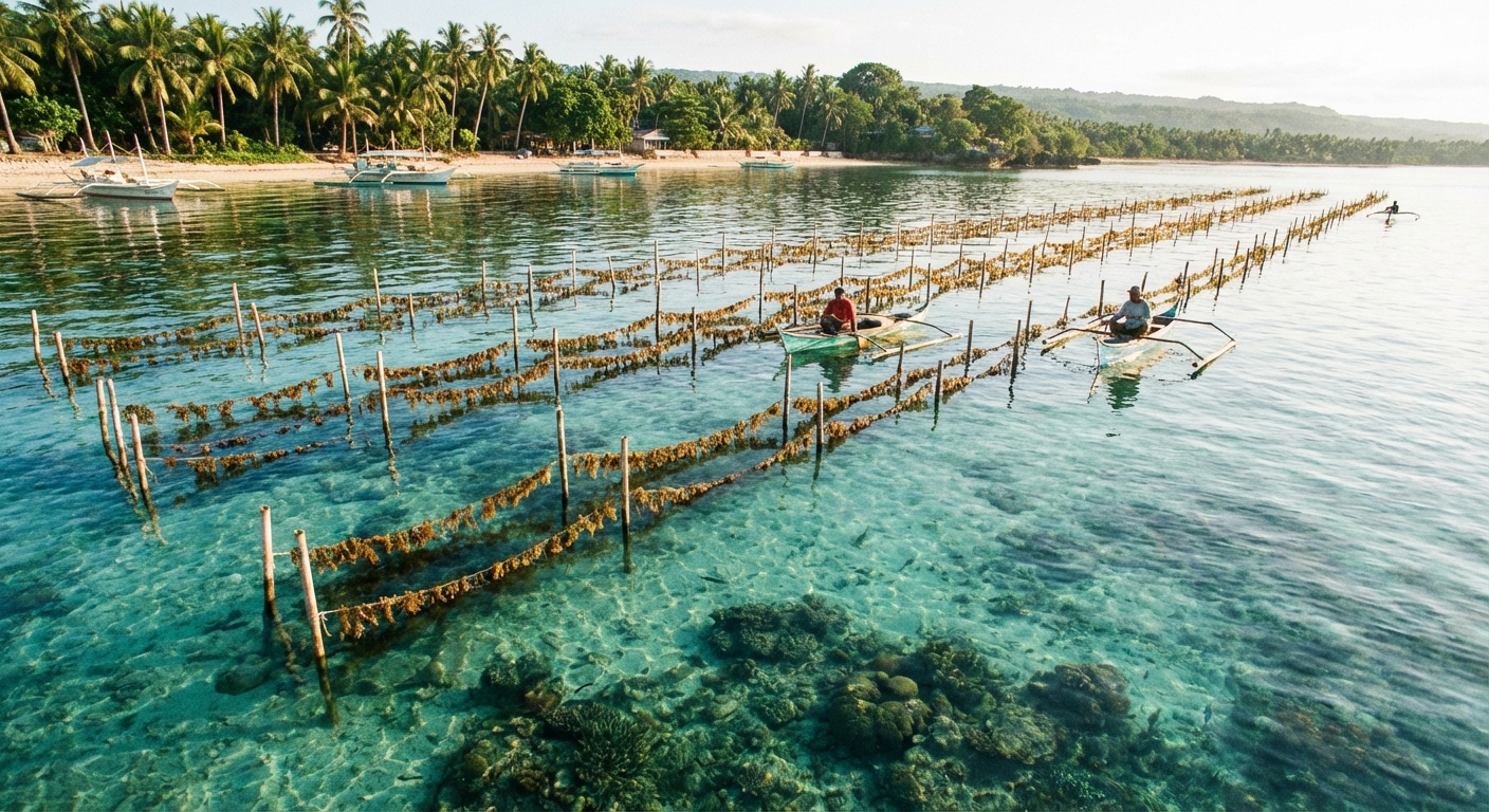 Seaweed farming lines stretching across shallow turquoise waters along the coast of Siquijor Island