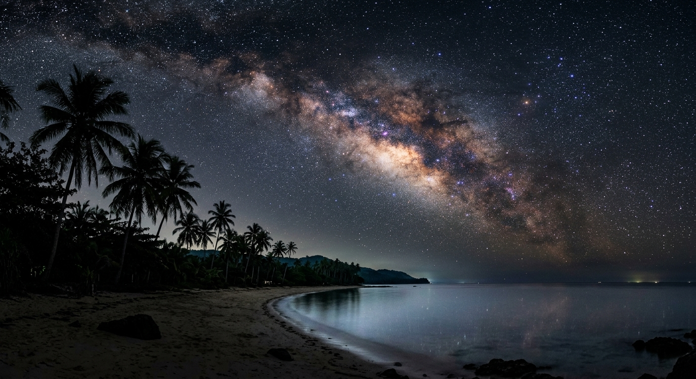 Starry night sky over Siquijor Island coastline with the Milky Way visible above dark palm tree silhouettes