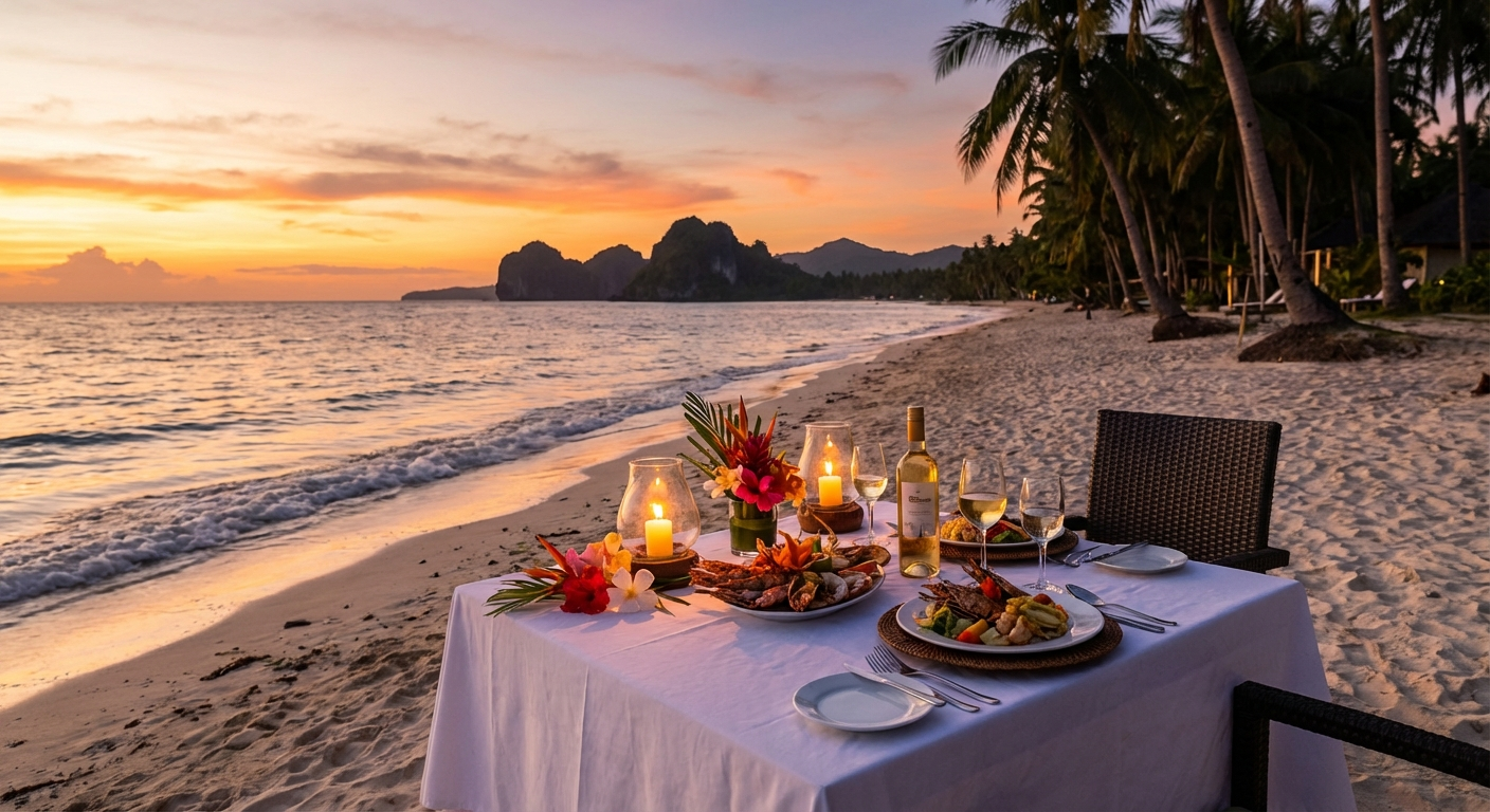 Romantic beachfront dinner table at sunset in Siquijor with candlelight and ocean view
