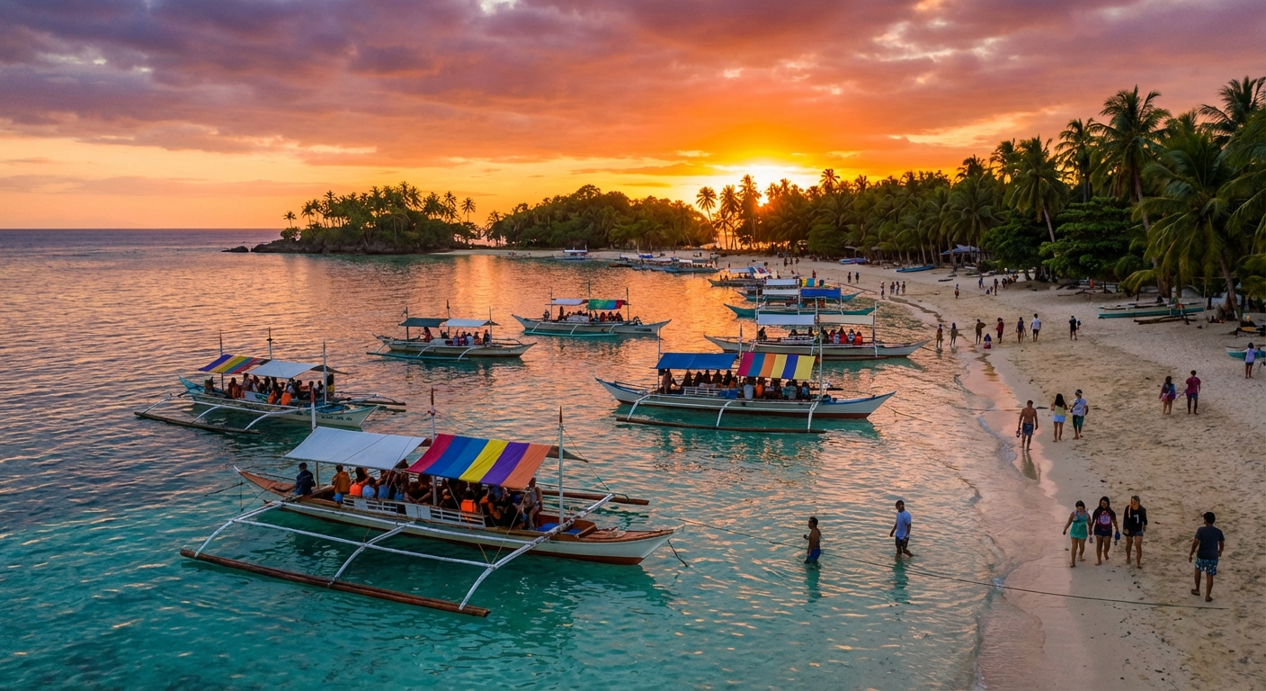 Vibrant sunset over Siquijor Island's coastline with boats during tourism boom in April 2026