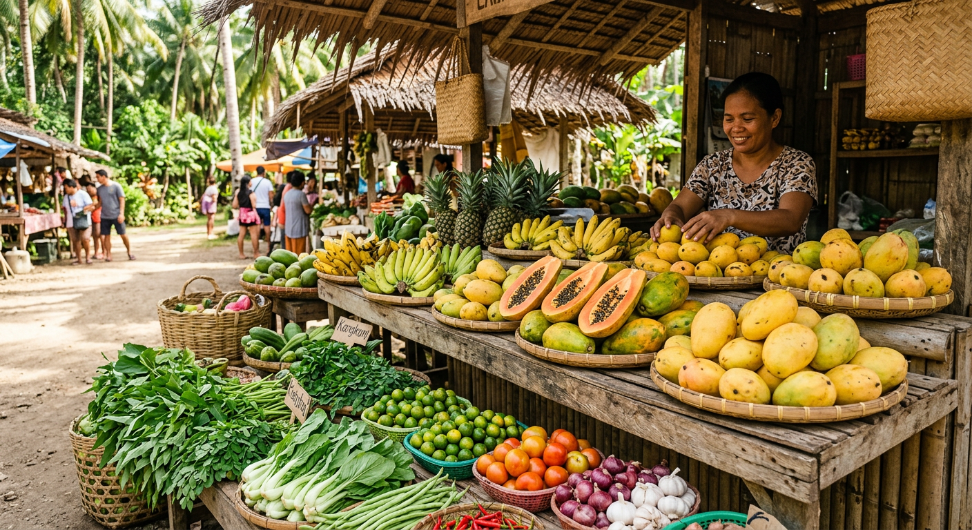Colorful tropical fruit and vegetable spread at a Siquijor market with fresh mangoes papayas and local greens