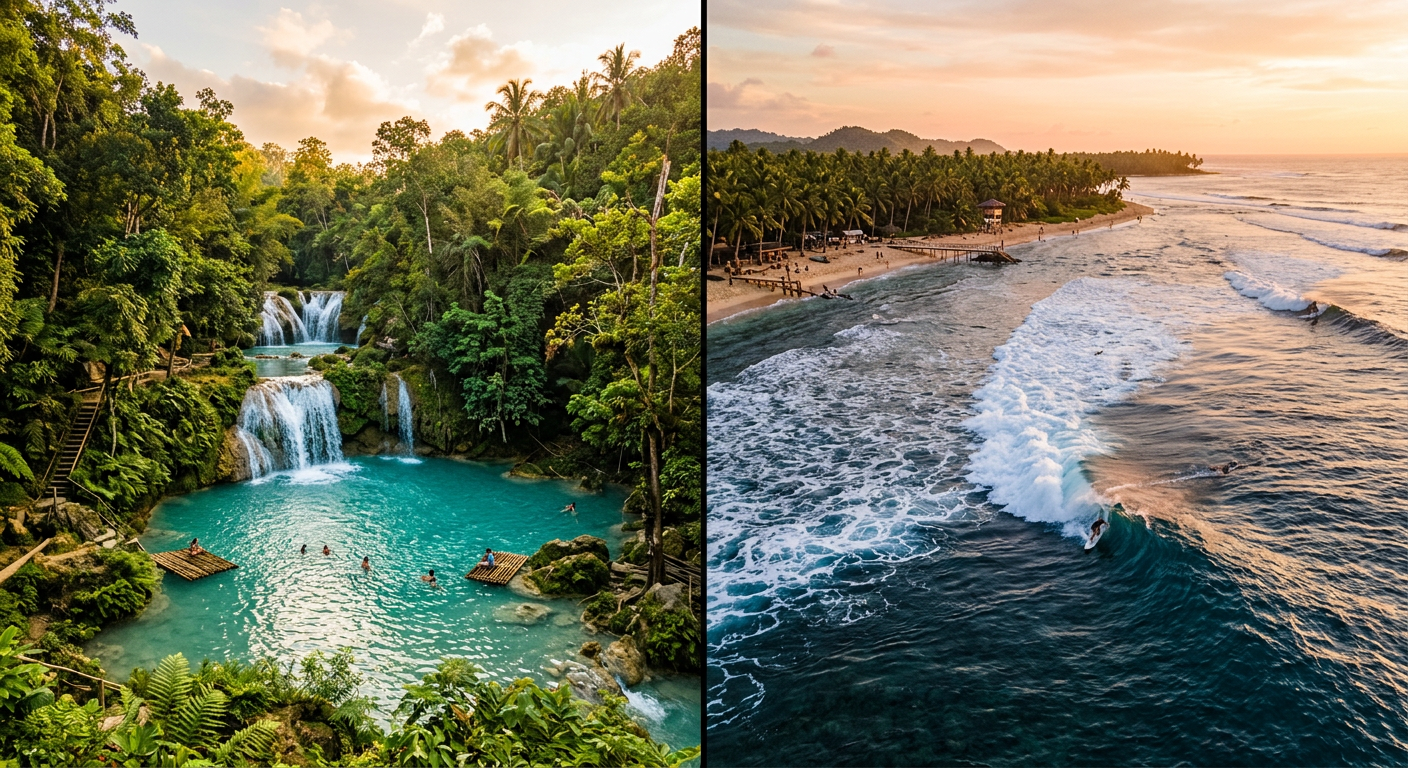 Split view comparing Siquijor and Siargao island landscapes in the Philippines