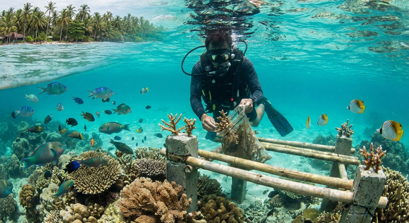 Coral reef restoration underwater in Siquijor Island with vibrant marine life